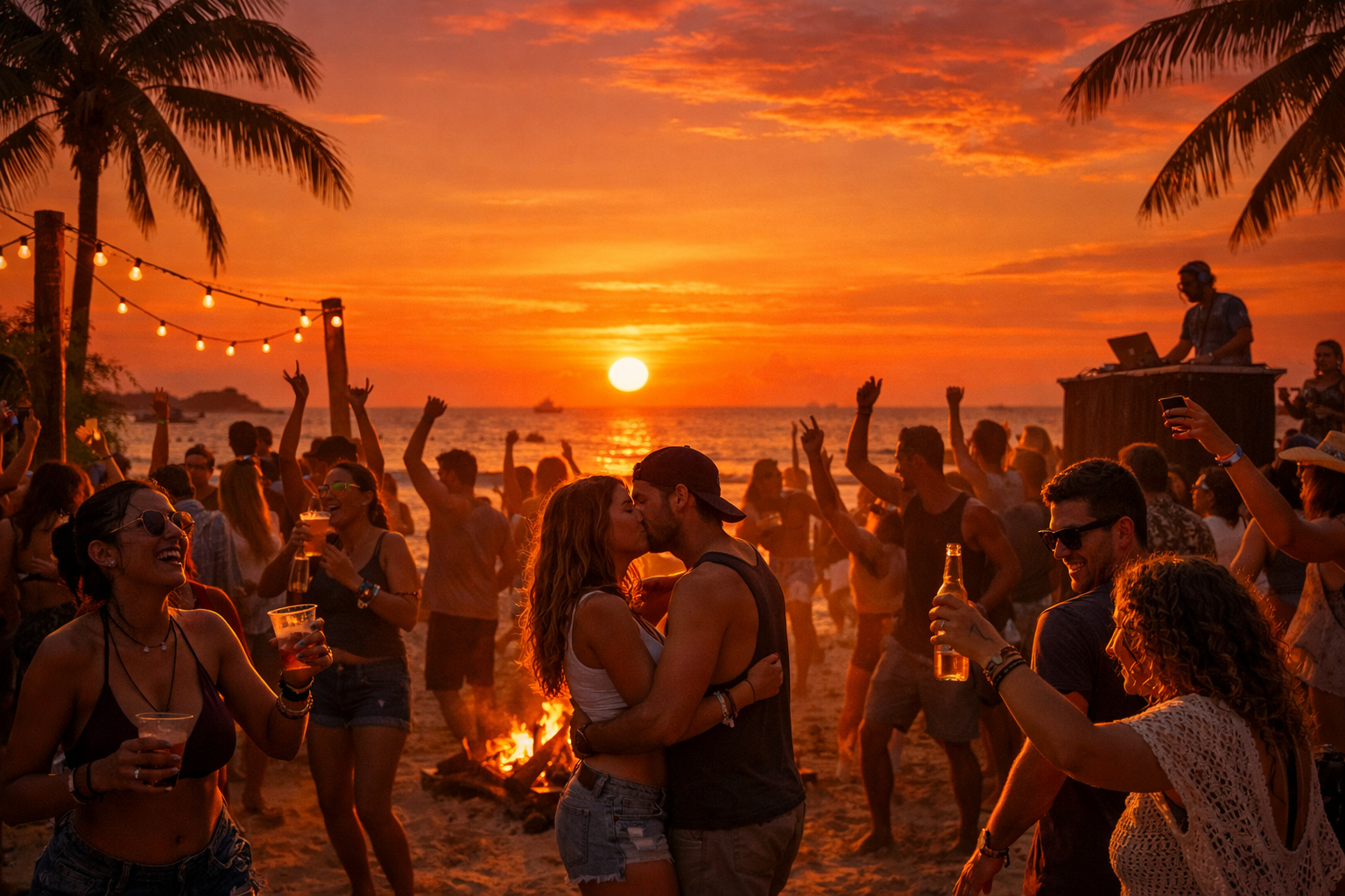 Beach party during vibrant orange sunset