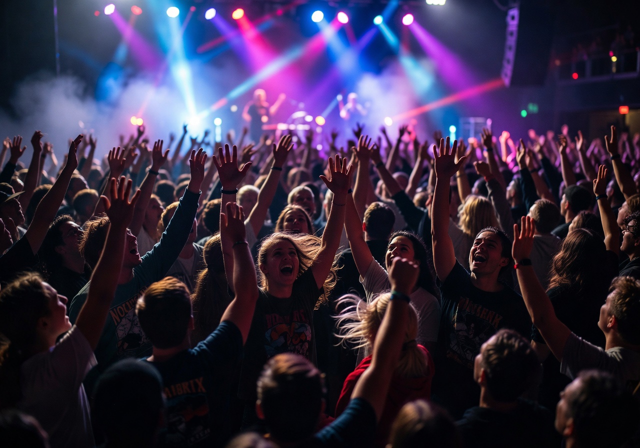 Concert crowd with hands raised in the air