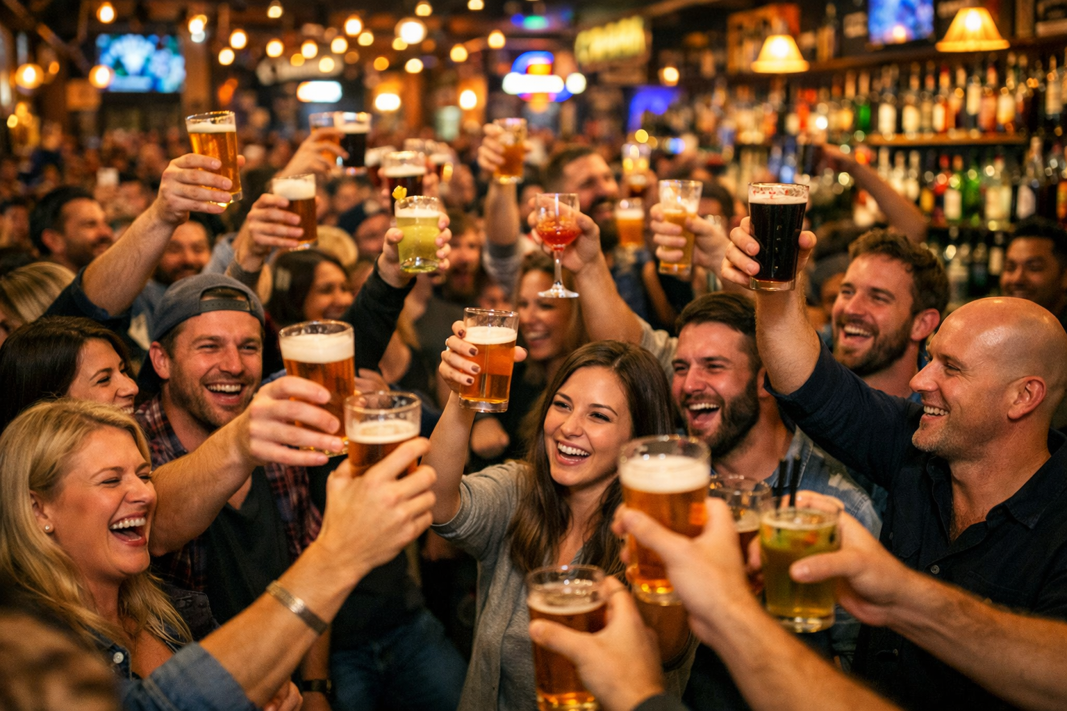 Crowd of people raising glasses in a vibrant pub