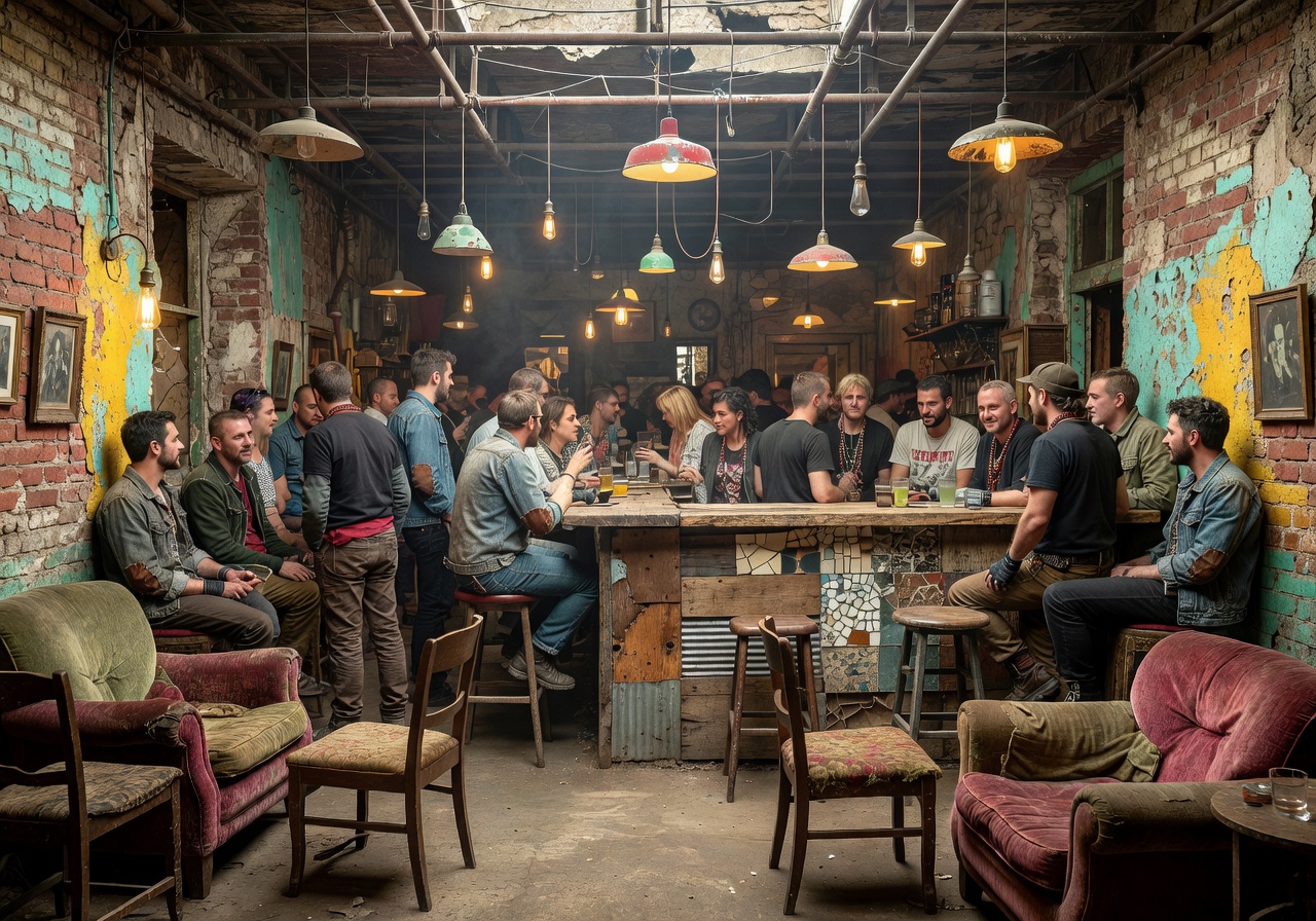 Crowded ruin bar setting with eclectic decor