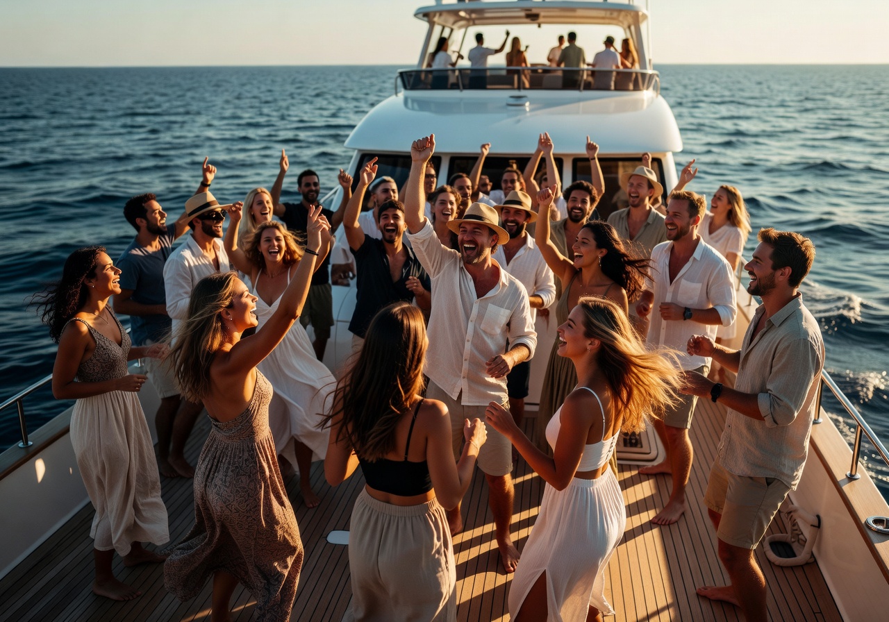 Dancing crowd on a boat party at sea