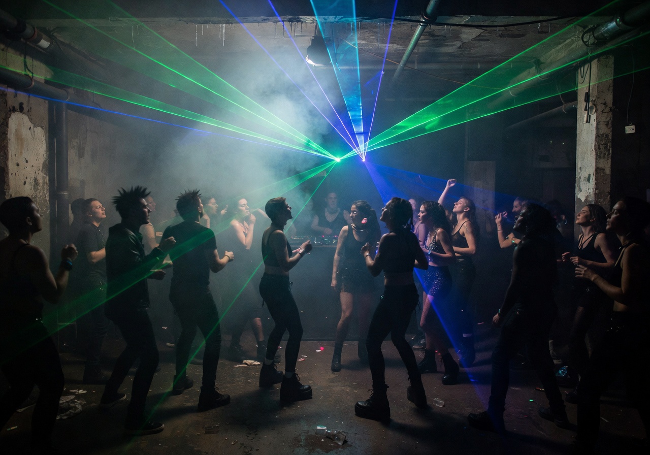 Dark laser lit underground club in Berlin