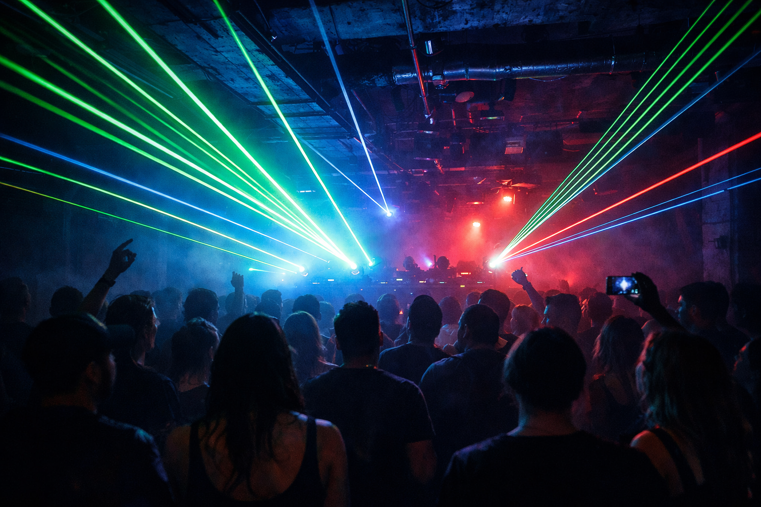 Dark underground rave scene with lasers