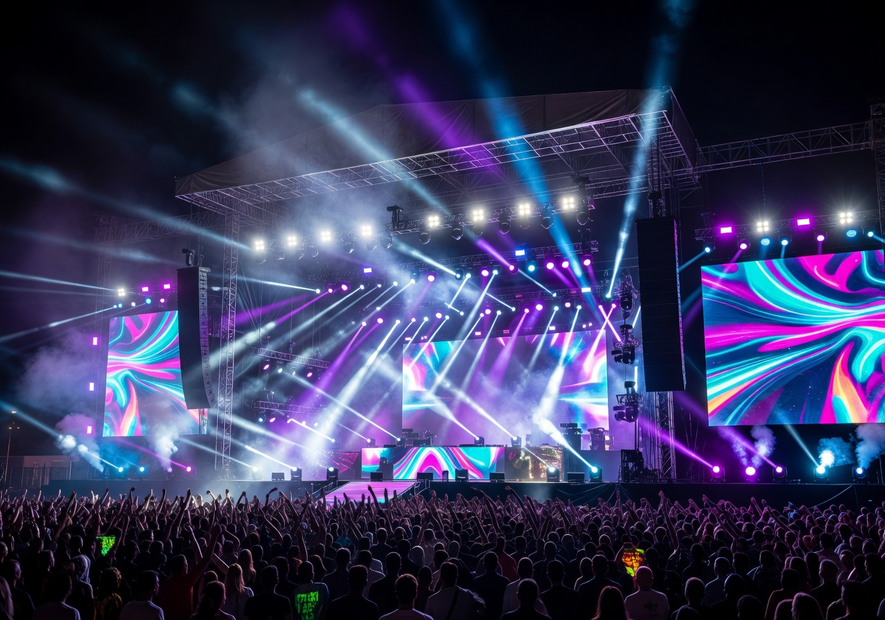 Large EDM festival stage with bright lights