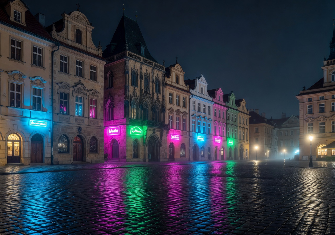 Neon lights reflecting on historic architecture in Prague