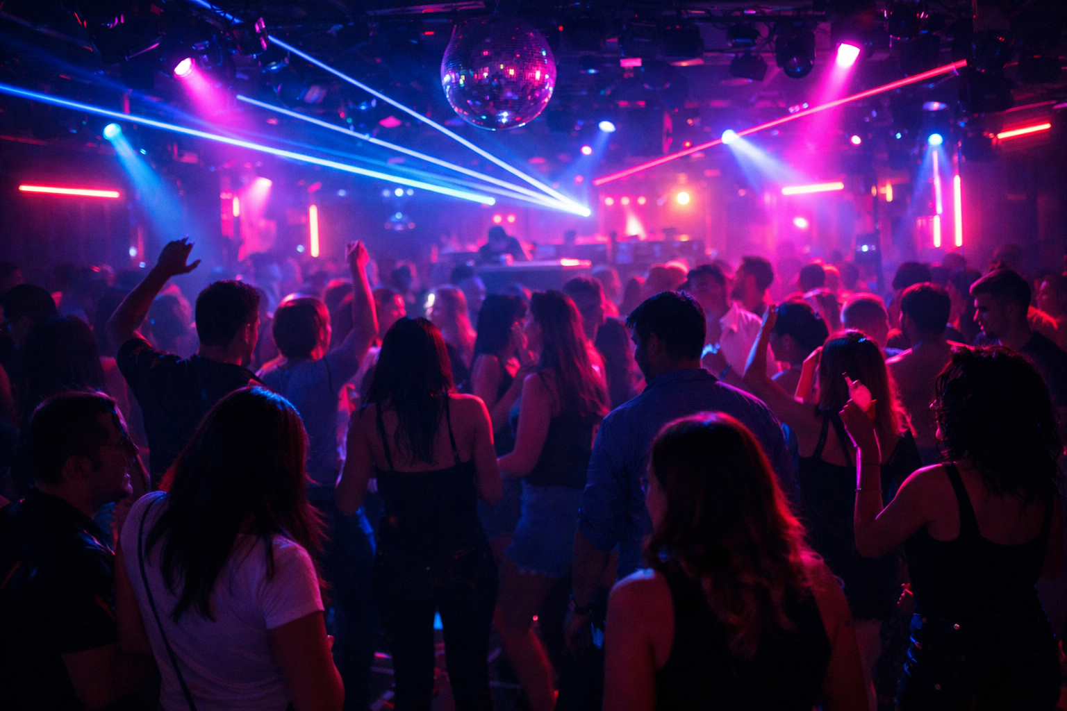 Neon lit club dancefloor filled with people