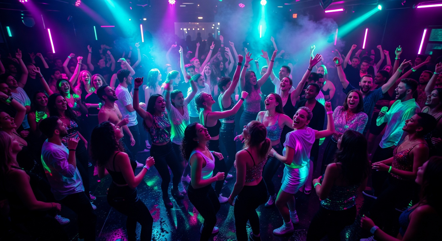 Neon lit crowded nightclub dancefloor