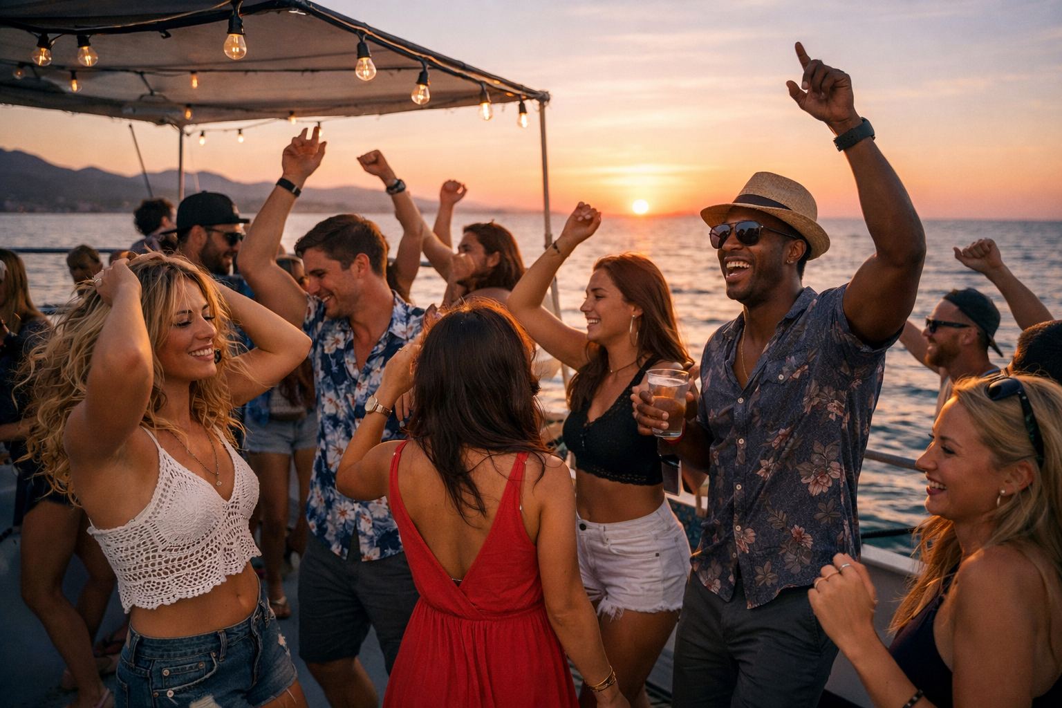 People dancing on a party boat during sunset