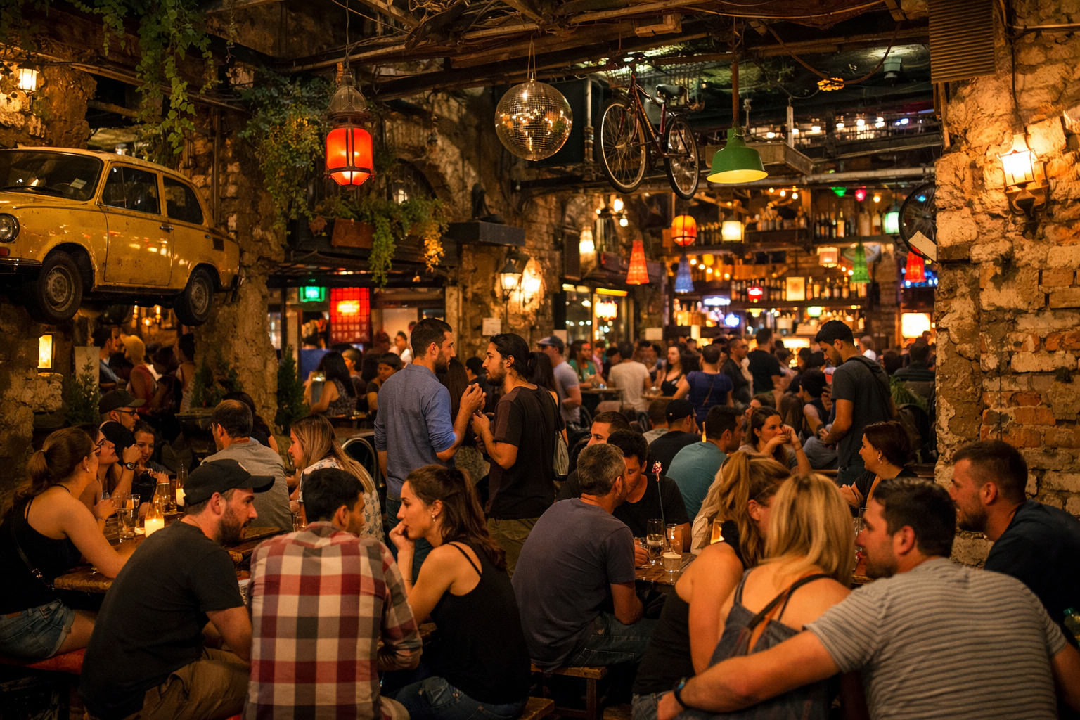 People gathering in a ruin bar in Budapest