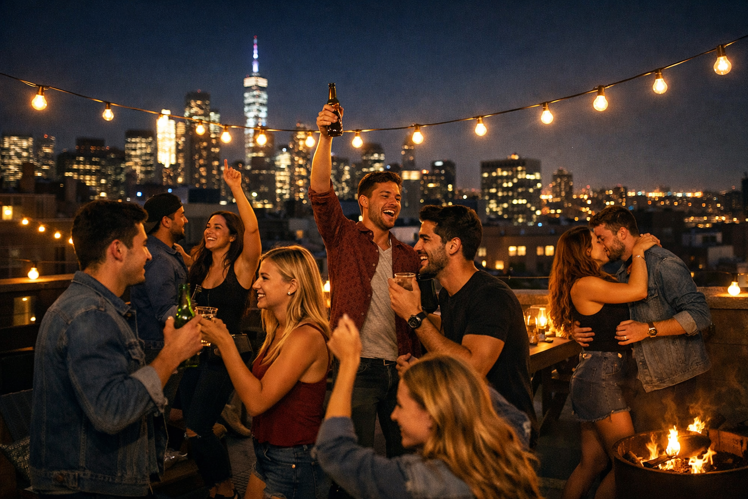 People partying on a city rooftop at night