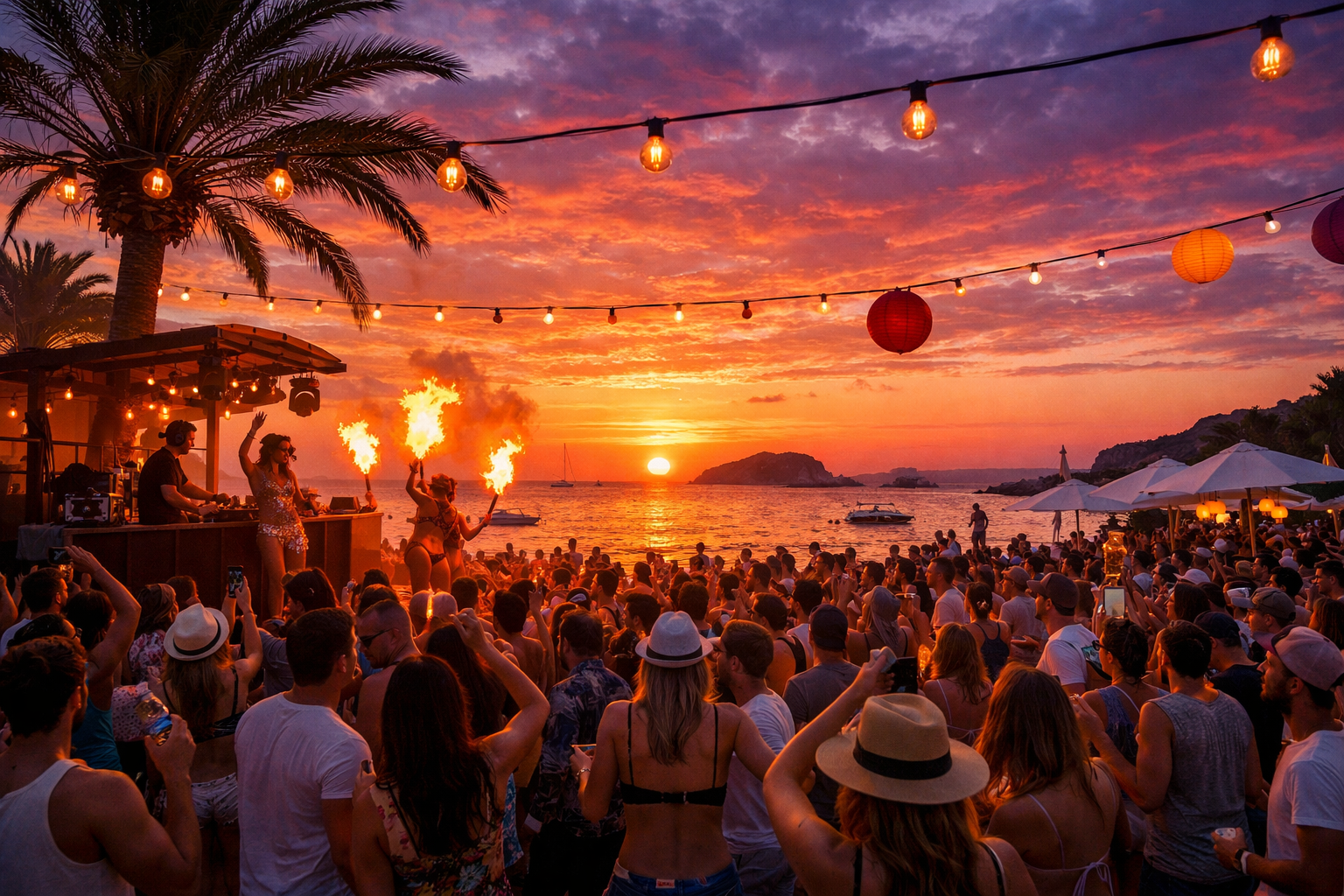 Vibrant Ibiza sunset beach party scene