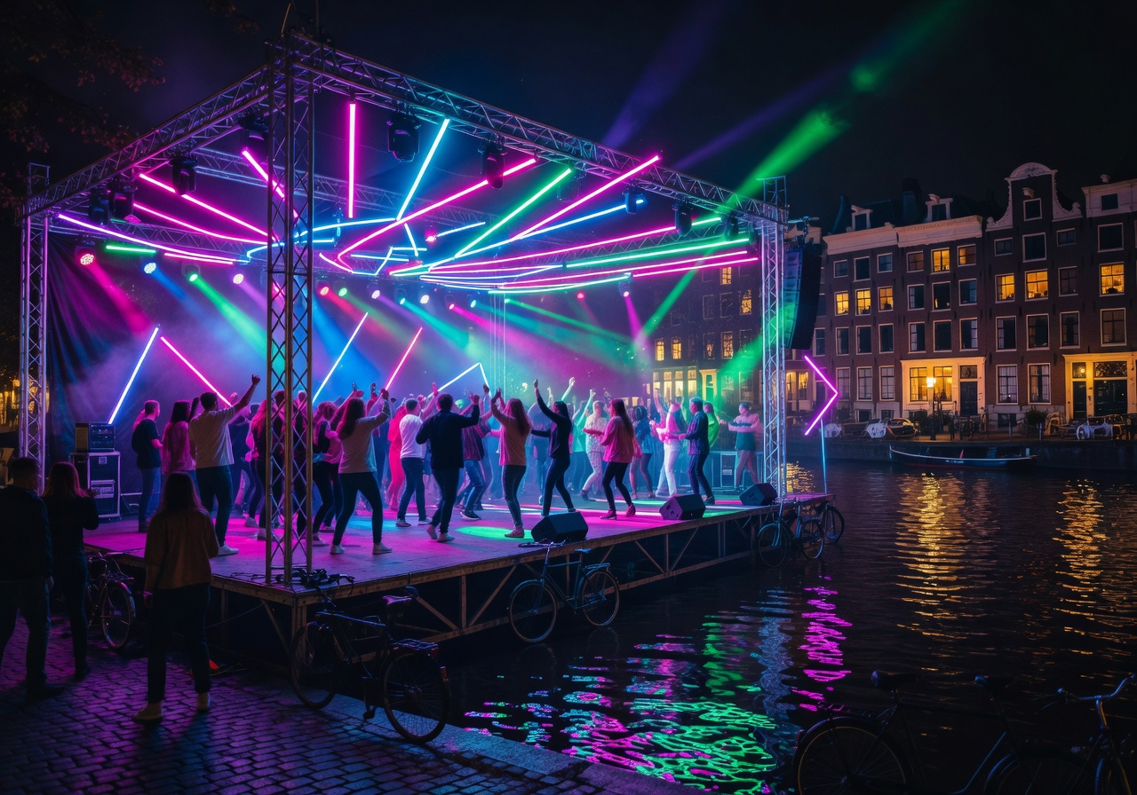 Vibrant neon festival stage in Amsterdam