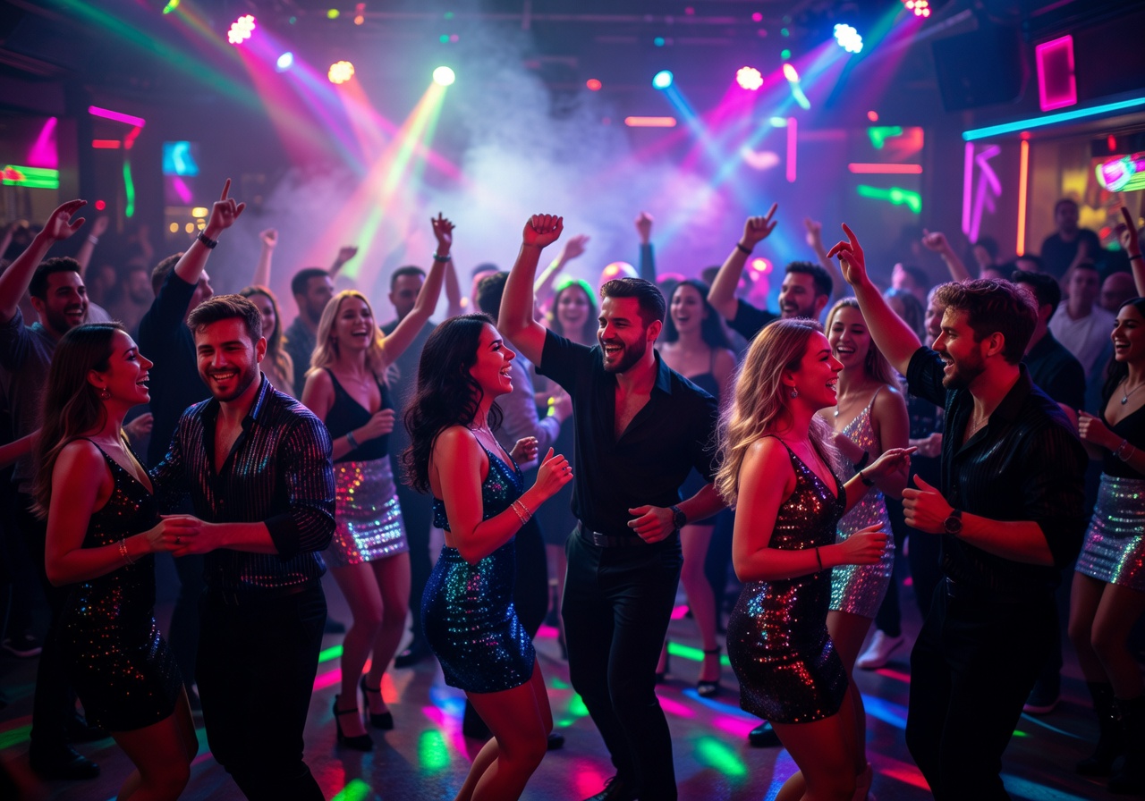 Vibrant nightlife scene with people dancing