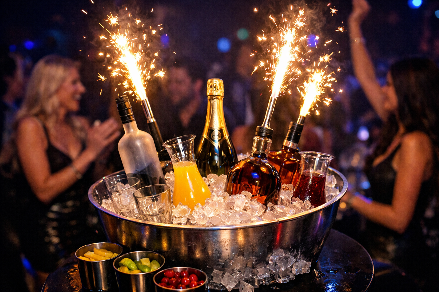 VIP bottle service at a nightclub with sparklers